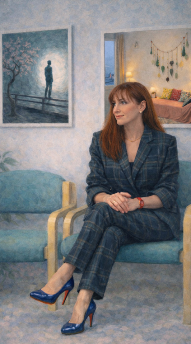 A portrait of Anna Sergent sitting in a seminar room. She is wearing a blue checkered suit and looking to the side. Behind her, two artworks: a moonlit landscape and a reflection of her therapy room, symbolising the intersection of clinical practice and psychological vision.